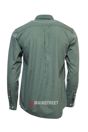 A green and white Pilbara Check Double Pocket Shirt, shown from the back, features buttoned cuffs, a collar, 100% cotton fabric, and the MAINSTREET logo near the bottom hem.