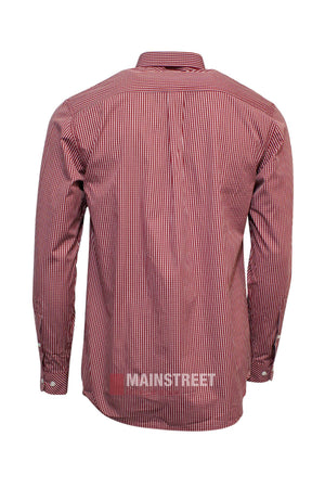 The Pilbara Check Double Pocket Shirt, made from 100% cotton with a small red and white check pattern, is pictured from the back. This long-sleeve shirt features a collar and buttoned cuffs.