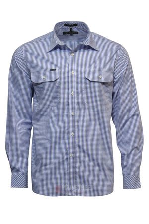 The Pilbara Check Double Pocket Shirt is a blue and white checkered 100% cotton shirt with two button-flap chest pockets, classic collar, and light-colored buttons—ideal for a stylish look.