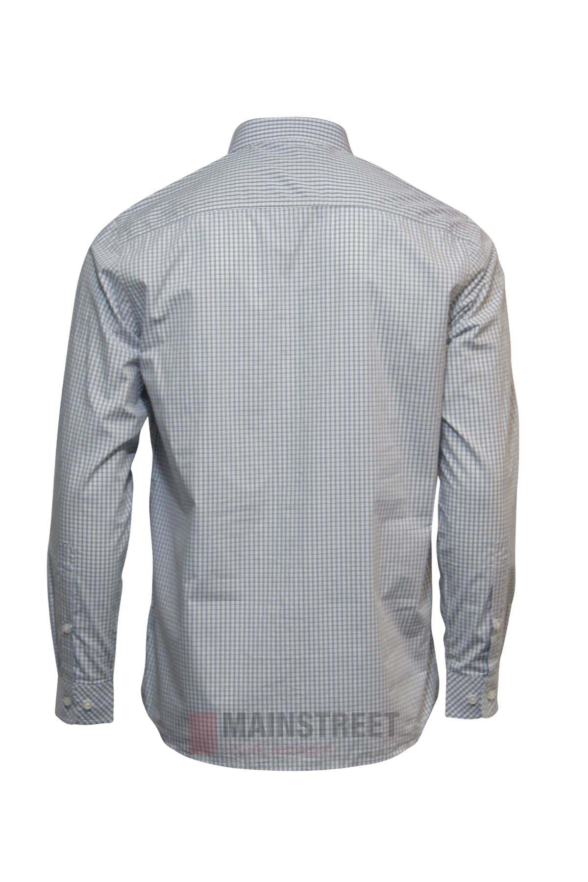 The Pilbara Check Double Pocket Shirt is a 100% cotton, long-sleeve button-up with a classic collar, buttoned cuffs, and a small blue and white check pattern, shown from the back.