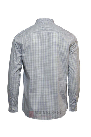 The Pilbara Check Double Pocket Shirt is a 100% cotton, long-sleeve button-up with a classic collar, buttoned cuffs, and a small blue and white check pattern, shown from the back.