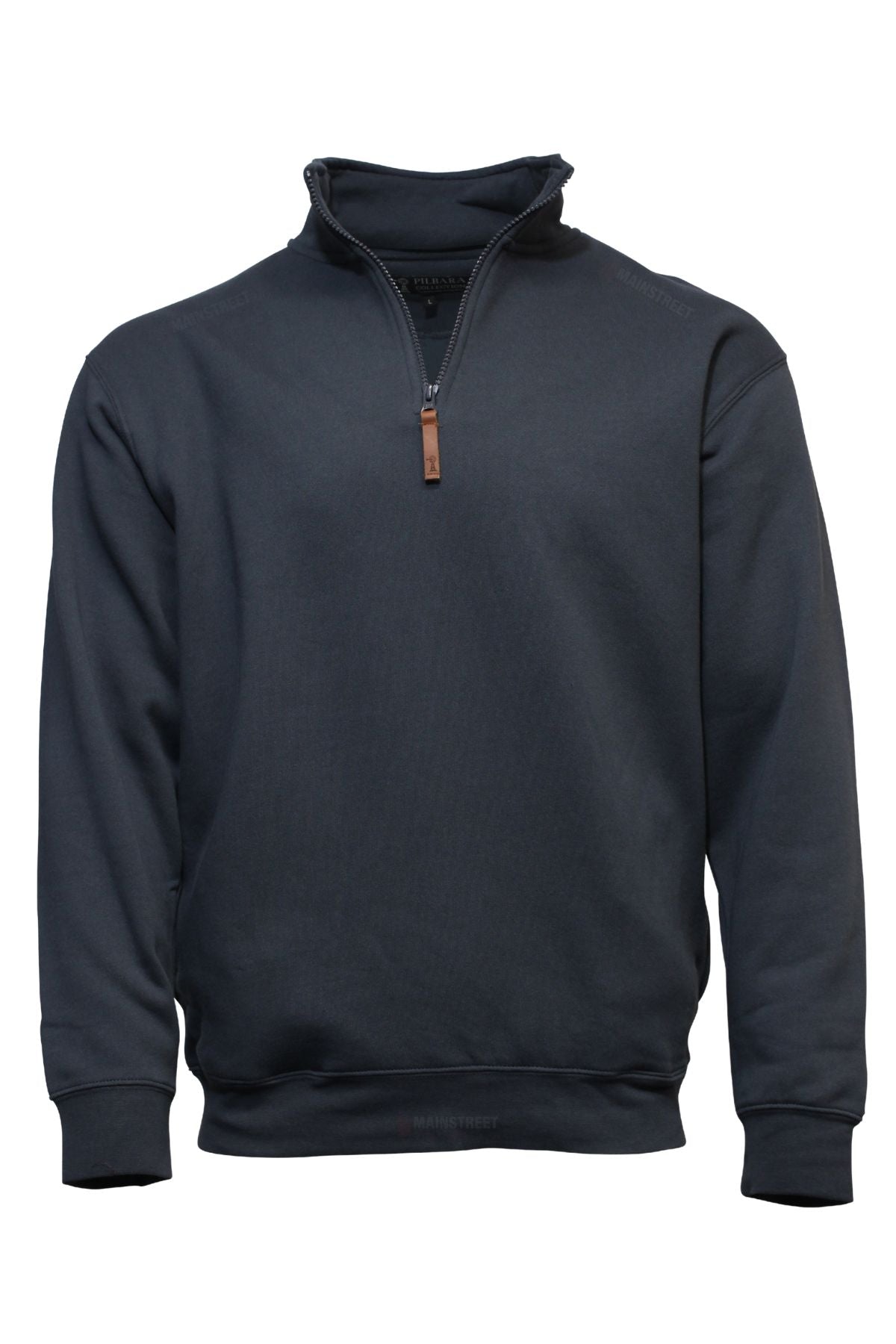 The Pilbara Classic Fleece Pullover is a dark blue quarter zip sweatshirt with a high collar, brown zipper pull, long sleeves, ribbed cuffs and hem, and cozy fleece lining, shown against a plain white background.