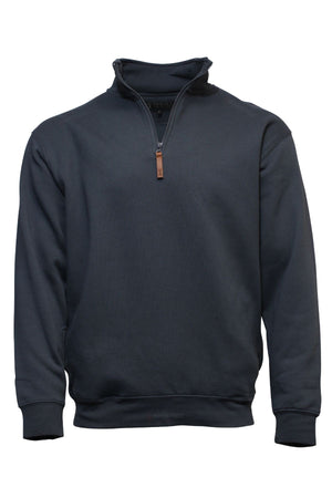 The Pilbara Classic Fleece Pullover is a dark blue quarter zip sweatshirt with a high collar, brown zipper pull, long sleeves, ribbed cuffs and hem, and cozy fleece lining, shown against a plain white background.