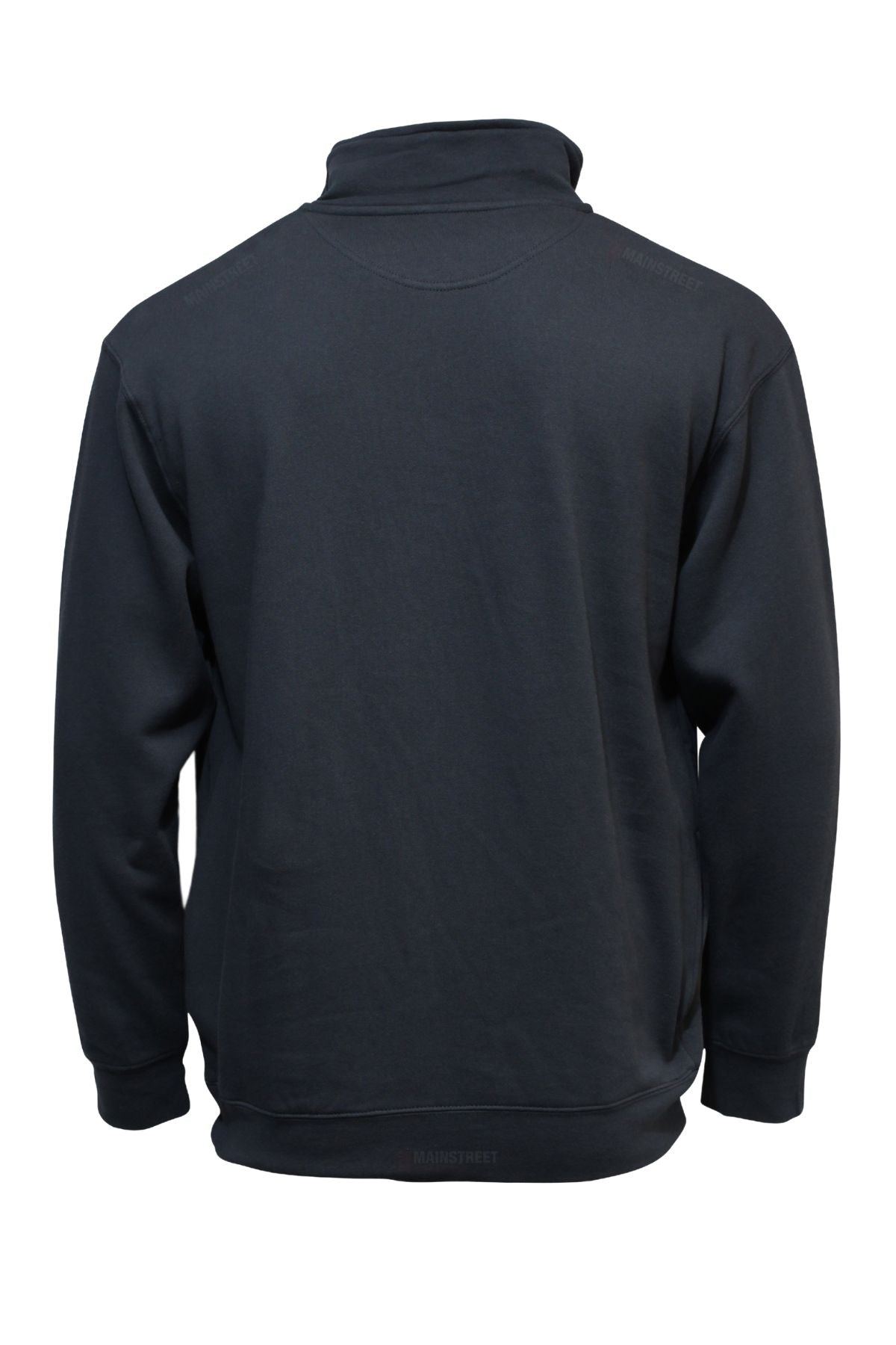 The Pilbara Classic Fleece Pullover is a plain black long-sleeve sweatshirt with a high collar, ribbed cuffs and waistband, and a cozy fleece lining for added warmth, shown from the back.