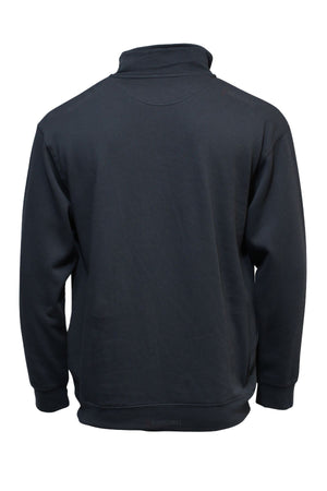 The Pilbara Classic Fleece Pullover is a plain black long-sleeve sweatshirt with a high collar, ribbed cuffs and waistband, and a cozy fleece lining for added warmth, shown from the back.