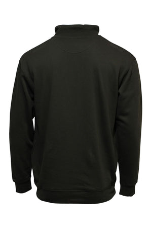 The Pilbara Classic Fleece Pullover, shown from the back in plain black, features a high collar, ribbed cuffs and hem, and a cozy fleece lining against a white background.