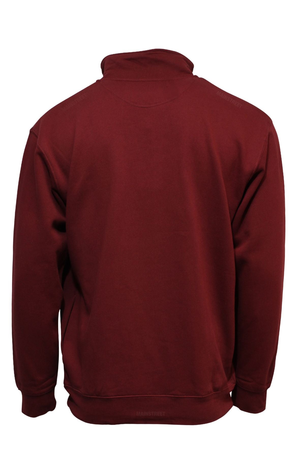 The Pilbara Classic Fleece Pullover is a maroon, long-sleeve sweatshirt shown from the back, featuring a high collar, ribbed cuffs and hem, and a soft fleece lining for comfort. Its plain design has no visible logos or patterns.