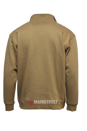A plain brown Pilbara Classic Heavy Weight Fleece Pullover is shown from the back, featuring ribbed cuffs and waistband. The MAINSTREET watermark appears at the bottom of the image.