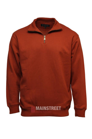 The Pilbara Classic Heavy Weight Fleece Pullover features a rust color, stand-up collar, and short front zipper. Its classic Ritemate design is showcased against a plain white background.
