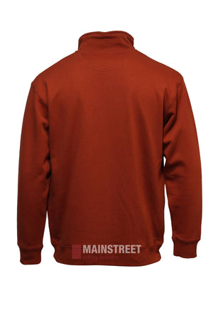 A plain rust-colored Pilbara Classic Heavy Weight Fleece Pullover with long sleeves is shown from the back, featuring a high collar, ribbed cuffs, and a ribbed waistband.
