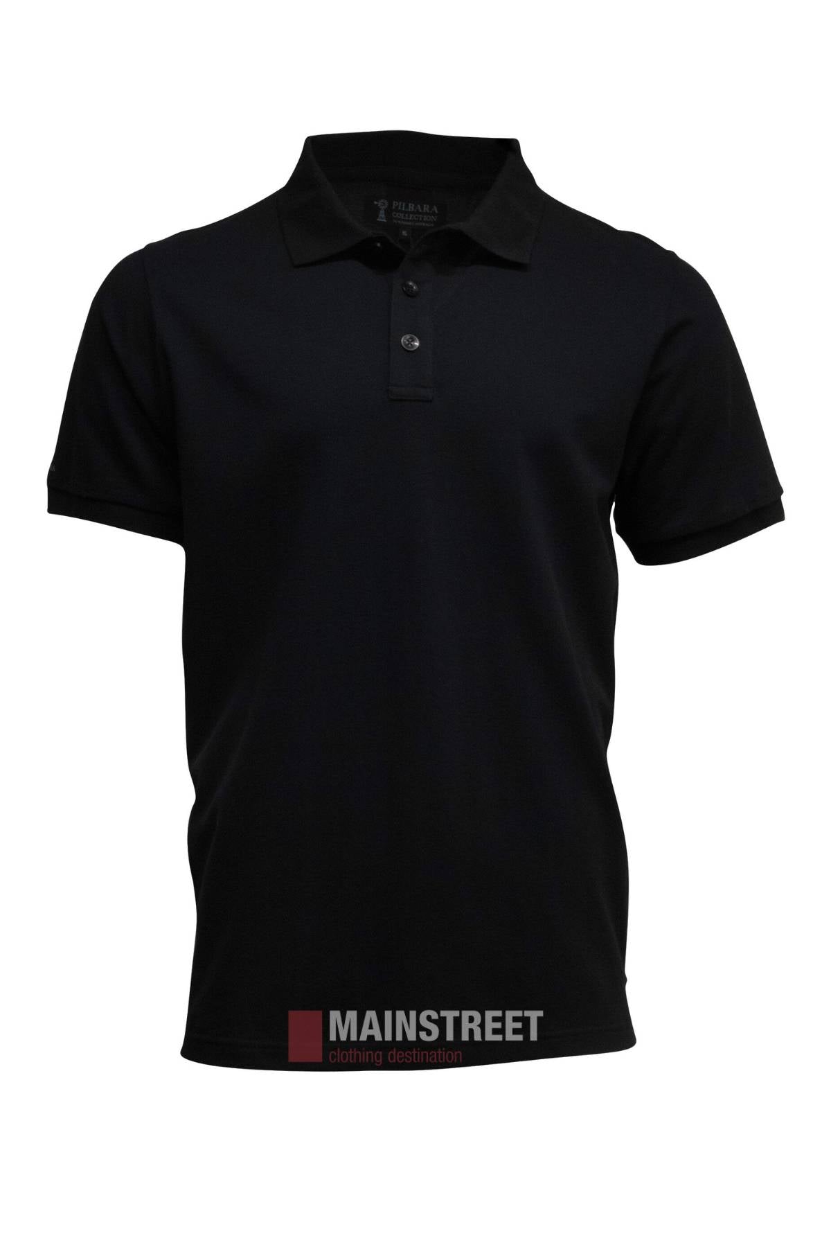 The Pilbara Classic Polo is a plain black 100% cotton pique shirt with a collar and two-button placket, shown on a white background. The Mainstreet Clothing Destination logo appears below, highlighting timeless style and comfort.
