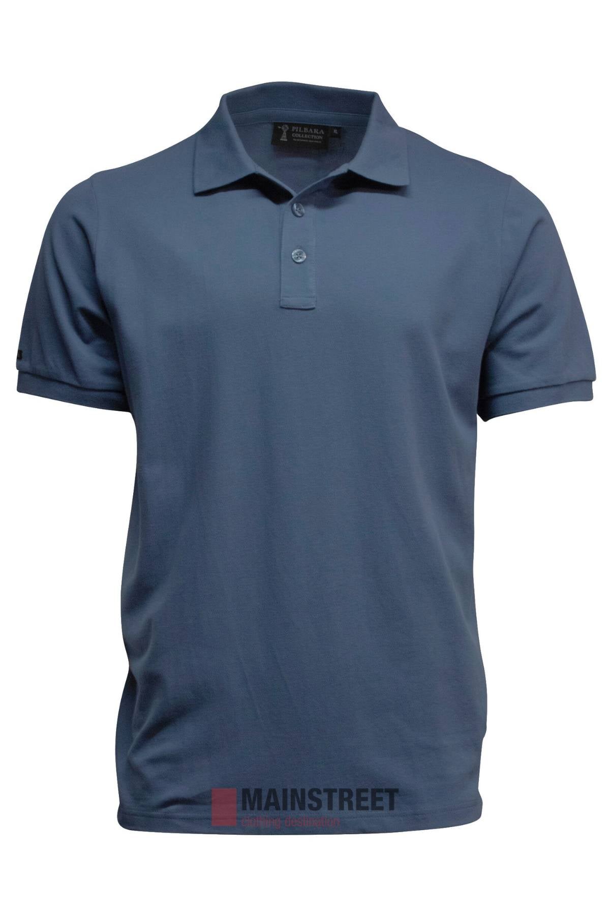 The Pilbara Classic Polo is a blue, short-sleeved shirt made from 100% cotton pique, featuring a collar, two-button placket, and subtle contrast 'Windmill' embroidery, shown on a white background.