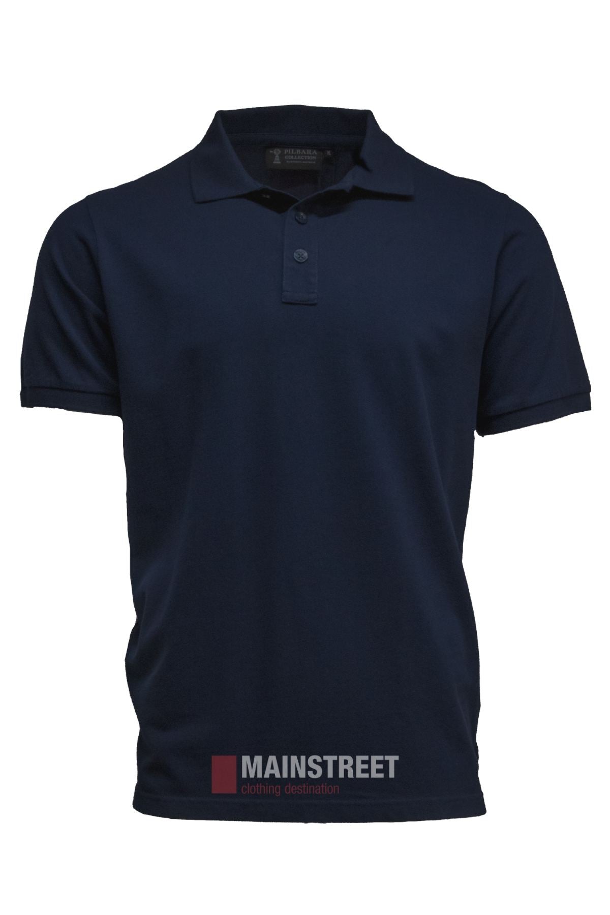 Experience comfort and style with the Pilbara Classic Polo—a plain navy short-sleeve shirt made from 100% cotton pique, featuring a collar and two-button neckline, shown on a white background.