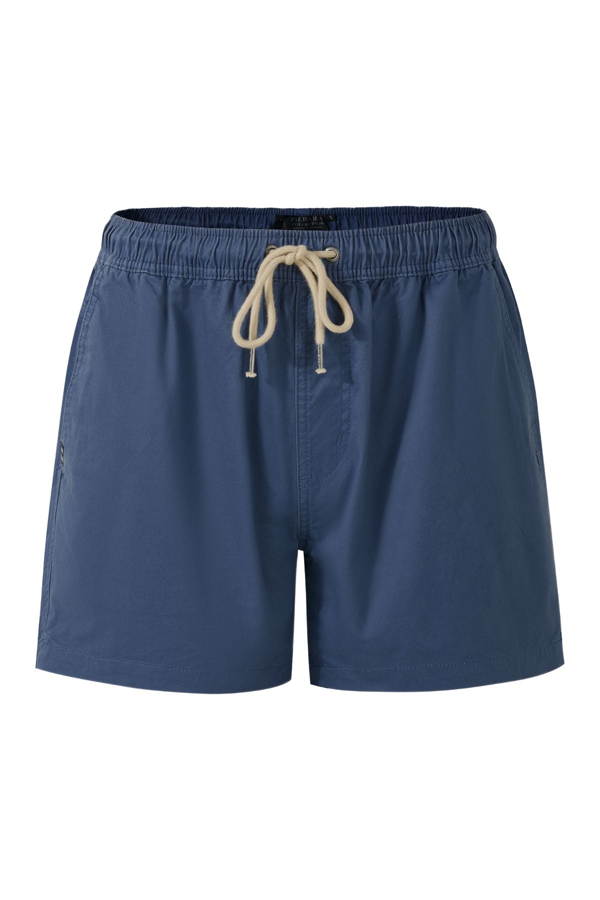 The Pilbara Cotton Stretch Short, featuring a blue color, elastic waist, beige drawstring, and side pockets for comfort, is displayed on a plain white background.