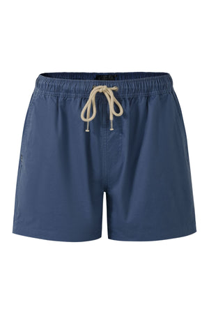 The Pilbara Cotton Stretch Short, featuring a blue color, elastic waist, beige drawstring, and side pockets for comfort, is displayed on a plain white background.