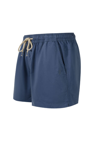 The Pilbara Cotton Stretch Short for men features an elastic waistband, beige drawstring, and side pockets, offering comfort and a sleek blue design, shown against a white background.