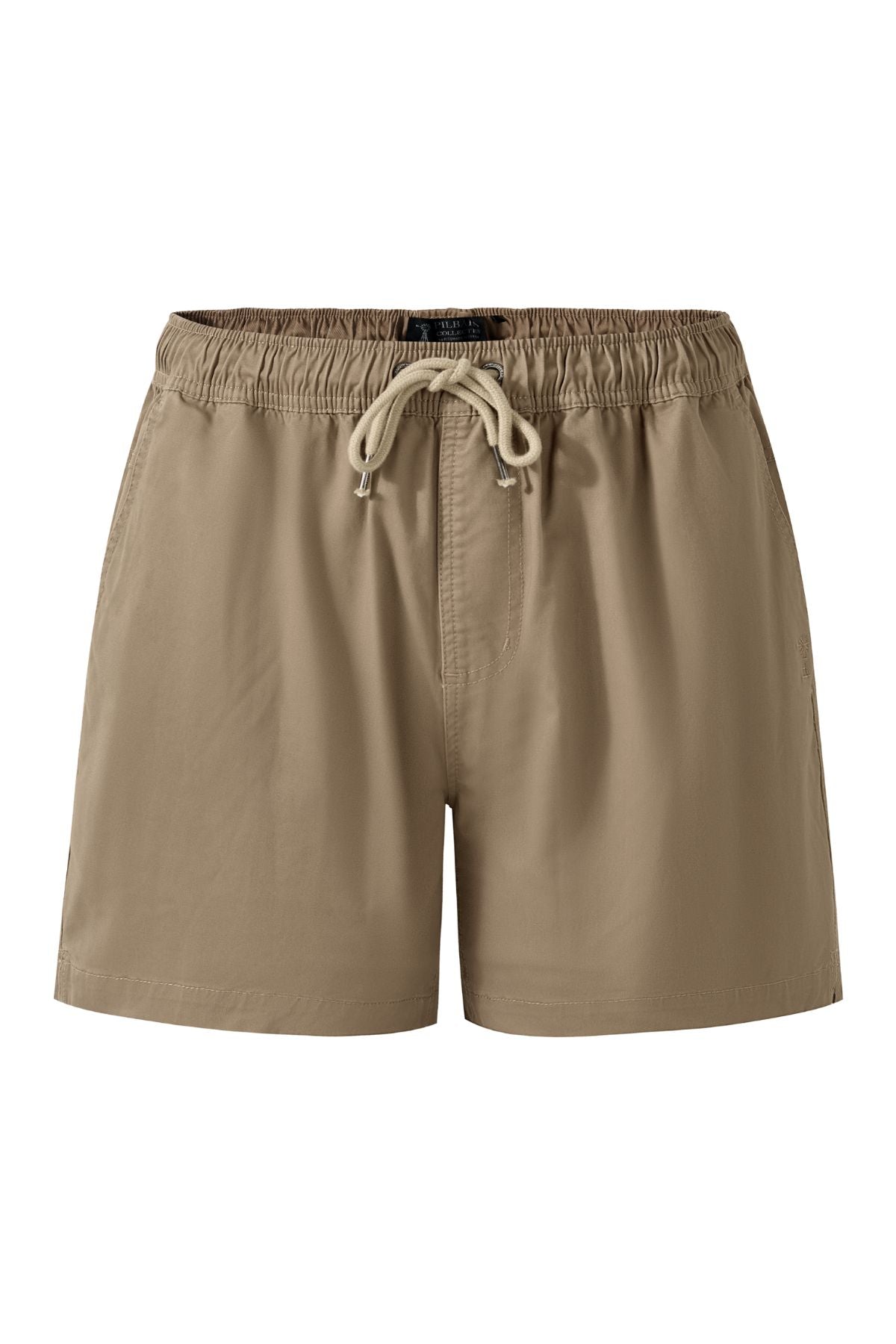 The Pilbara Cotton Stretch Short in khaki features an elastic waistband, drawstring tie, and side pockets for a comfortable fit, shown on a plain white background.