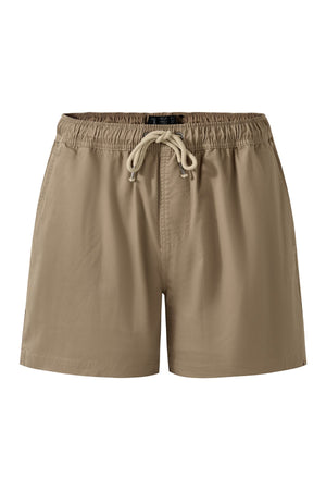 The Pilbara Cotton Stretch Short in khaki features an elastic waistband, drawstring tie, and side pockets for a comfortable fit, shown on a plain white background.