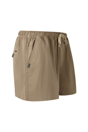 The Pilbara Cotton Stretch Short in light brown features an elastic waist with adjustable drawstring, side pockets, and a small logo tag near the left pocket, shown against a white background.