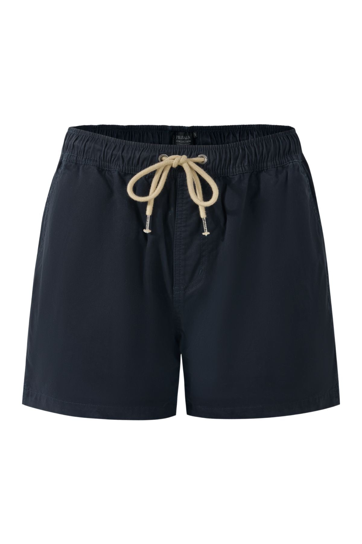 Pilbara Cotton Stretch Short in navy blue with an elastic waist and beige drawstring for a comfortable fit, shown against a white background.