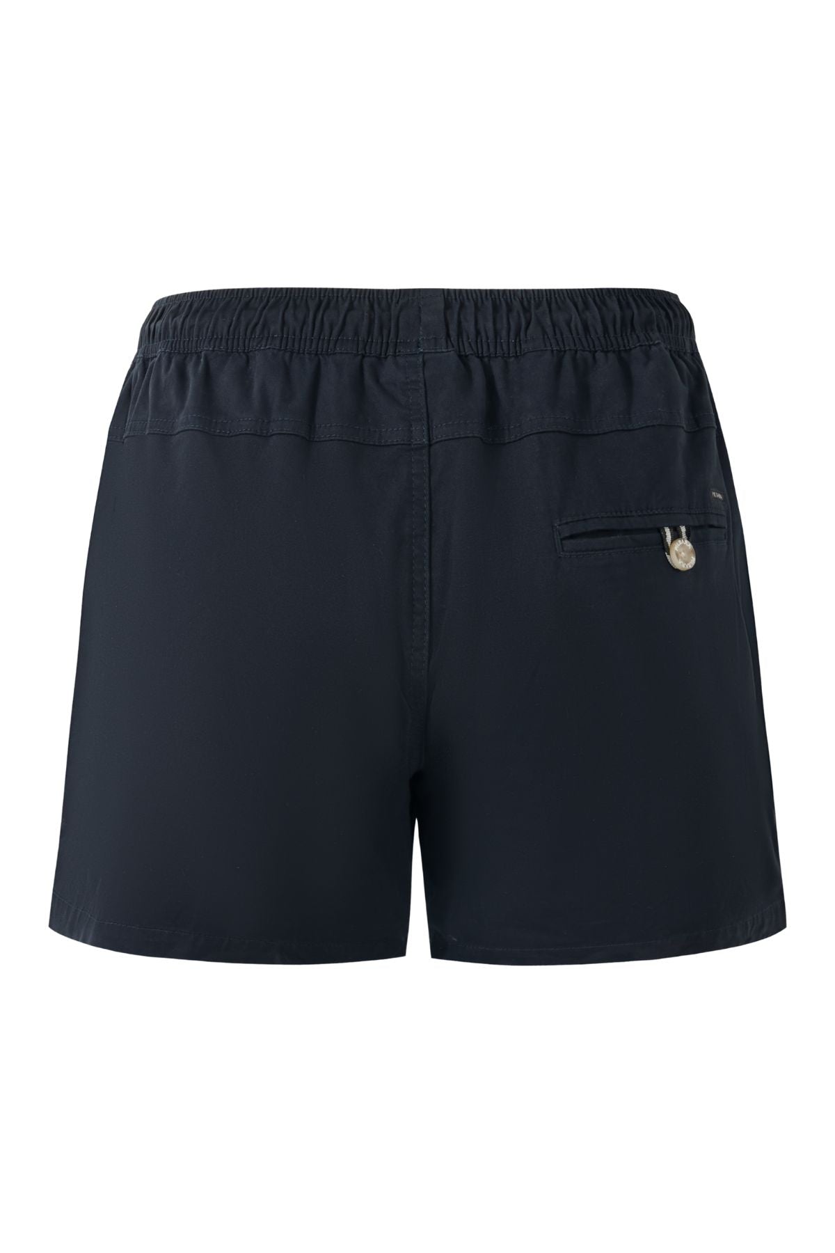 Rear view of Pilbara Cotton Stretch Short in dark navy, featuring an elastic waistband and a small right-side zippered pocket with metallic pull tab for comfort.