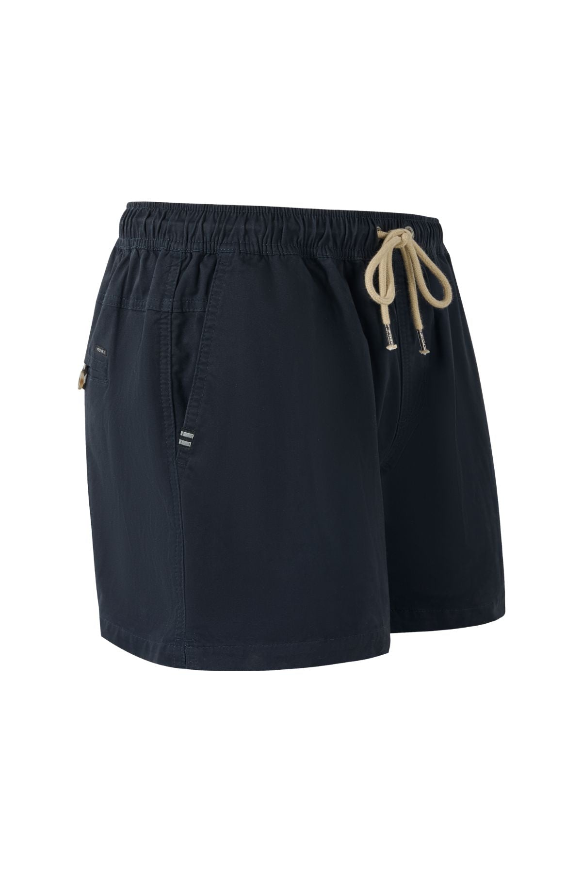 The Pilbara Cotton Stretch Short for men in navy blue features an elastic waistband, beige drawstring, and side pockets for comfort, shown against a white background.