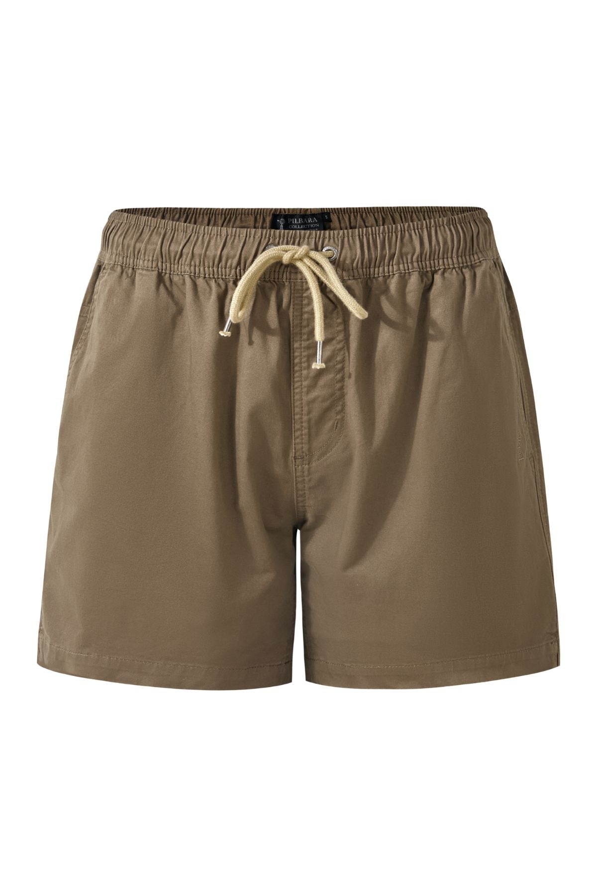 The Pilbara Cotton Stretch Short offers a relaxed fit with an elastic waistband, beige drawstring, side pockets, and an embroidered logo for added style.