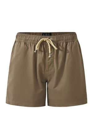The Pilbara Cotton Stretch Short offers a relaxed fit with an elastic waistband, beige drawstring, side pockets, and an embroidered logo for added style.