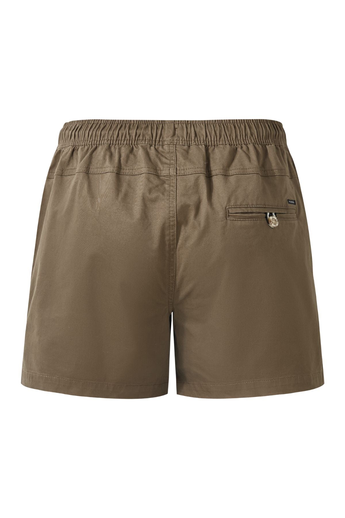 Back view of Pilbara Cotton Stretch Short in brown, featuring an elastic waistband, single zippered right pocket, and lightweight cotton stretch fabric.