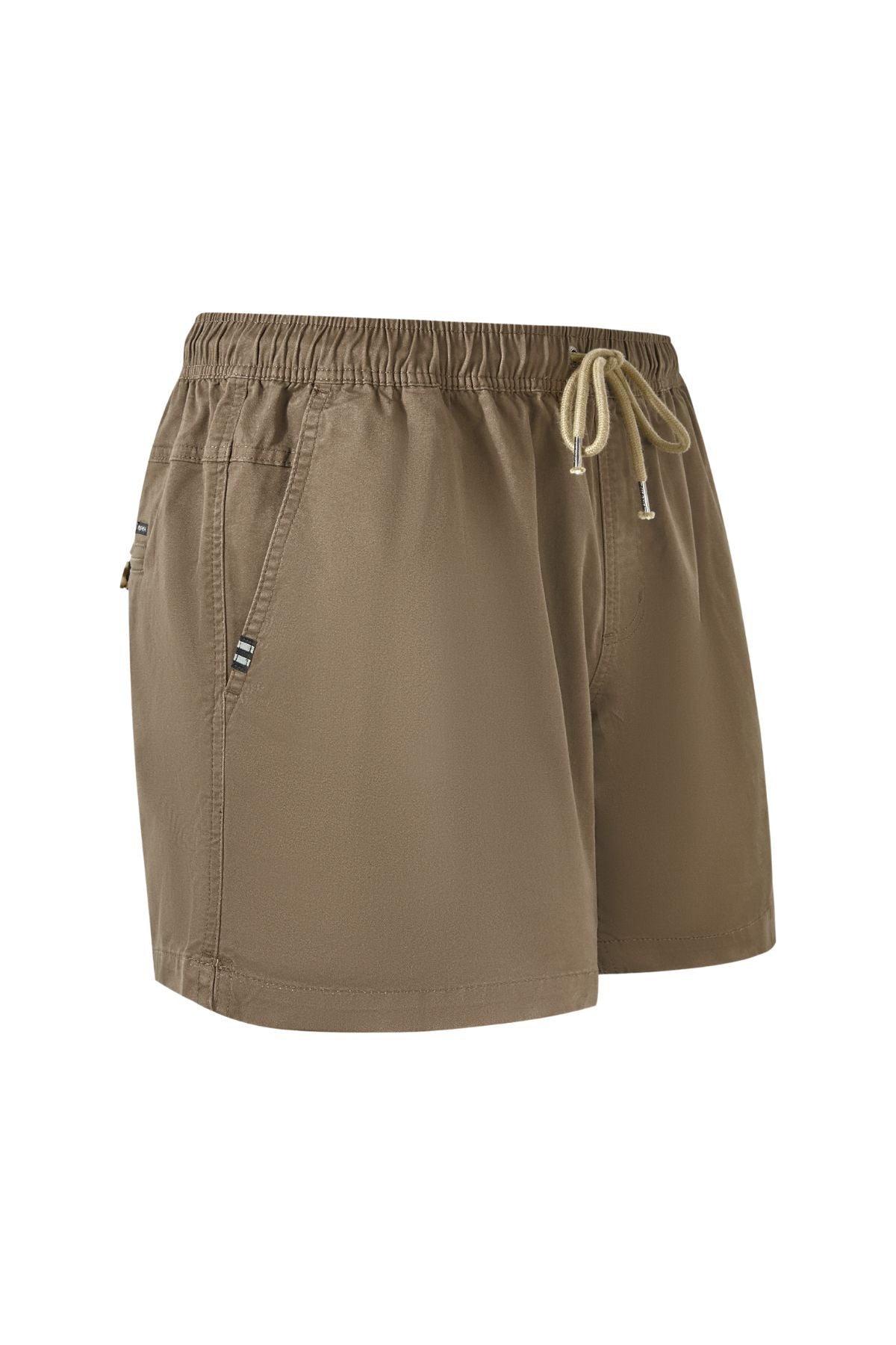 The Pilbara Cotton Stretch Short is knee-length and brown, featuring an elastic waistband with drawstring, side pockets, a simple design, and an embroidered logo. Displayed against a white background.