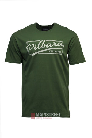 The Pilbara Game Day T-Shirt is a green, short-sleeve, breathable cotton shirt featuring "Pilbara Western" in white script across the chest, shown on a plain white background.