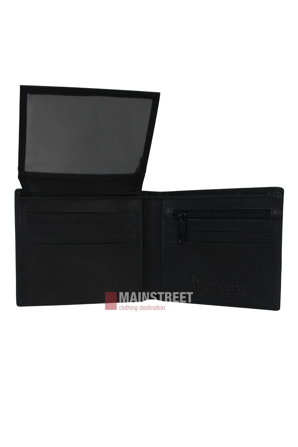 The Pilbara Leather Wallet, shown open on a white background, features elegant black leather, multiple card slots, a transparent ID slot, a zippered pocket on the right, and subtle embossing for a touch of luxury.