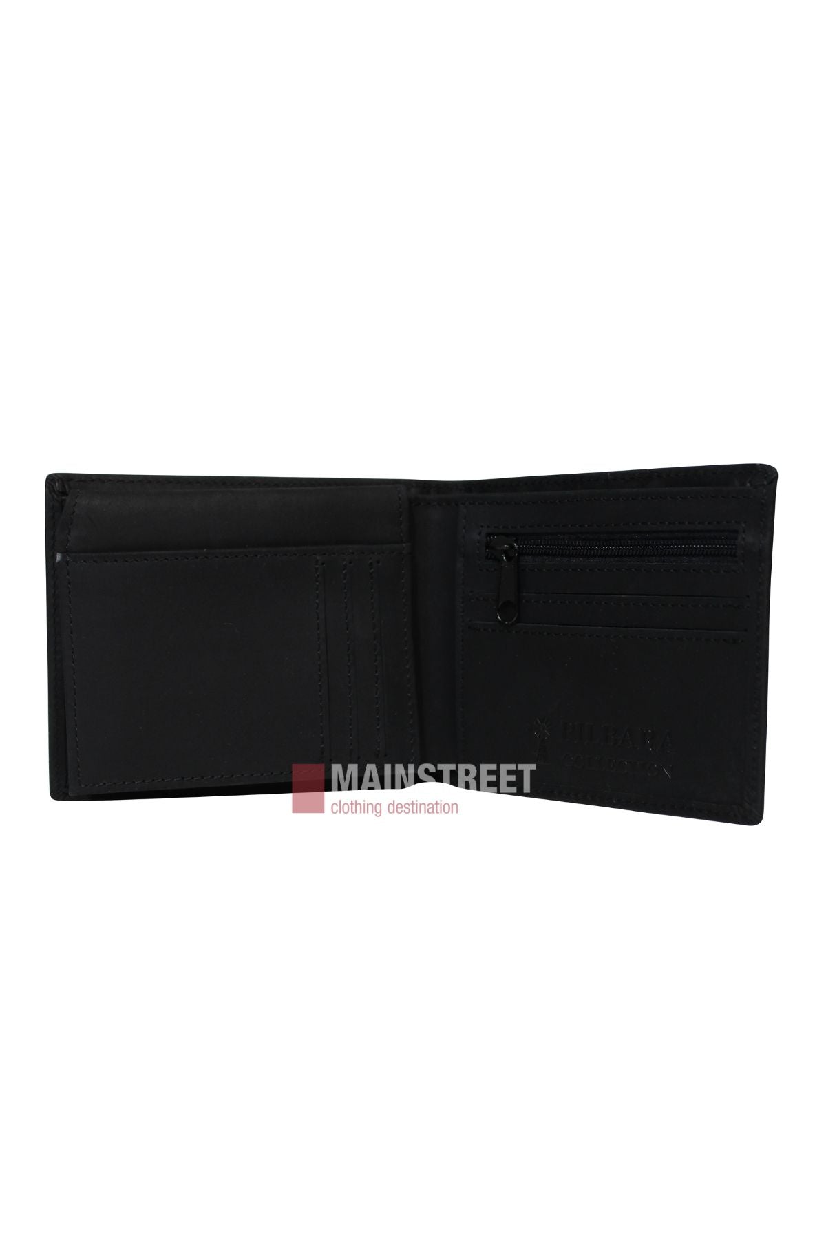 The Pilbara Leather Wallet, shown against a white background, features an open black leather design with card slots, a zippered pocket, and a cash compartment for a minimal luxury look.