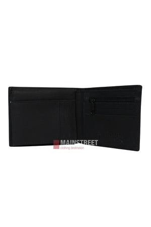 The Pilbara Leather Wallet, shown against a white background, features an open black leather design with card slots, a zippered pocket, and a cash compartment for a minimal luxury look.