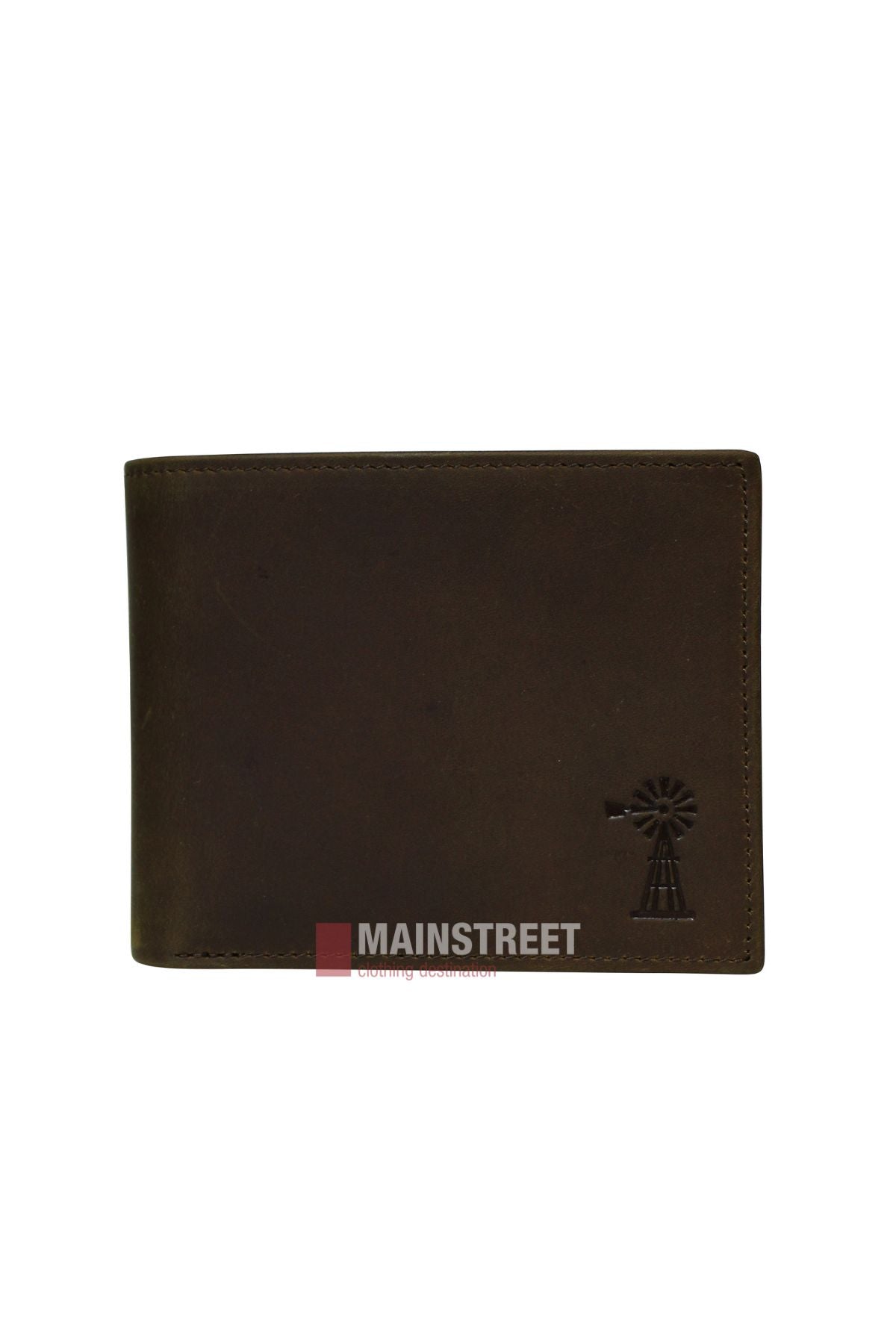 The Pilbara Leather Wallet in brown features a windmill symbol embossed in the lower right corner, with visible edge stitching for a refined, timeless look.