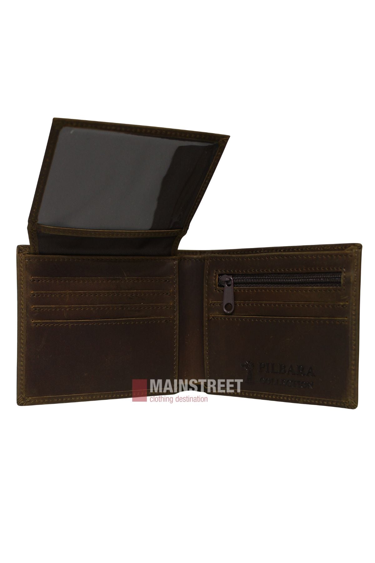 The Pilbara Leather Wallet, in premium brown leather, features multiple card slots, a transparent ID window, and a zippered coin pocket. Displayed on a white background with "MAINSTREET clothing destination" across the wallet.
