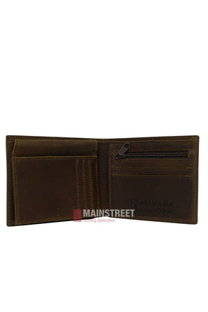 Open Pilbara Leather Wallet featuring a coin pocket, card slots, zippered compartment, and the "Pihaka Collection" logo embossed inside.