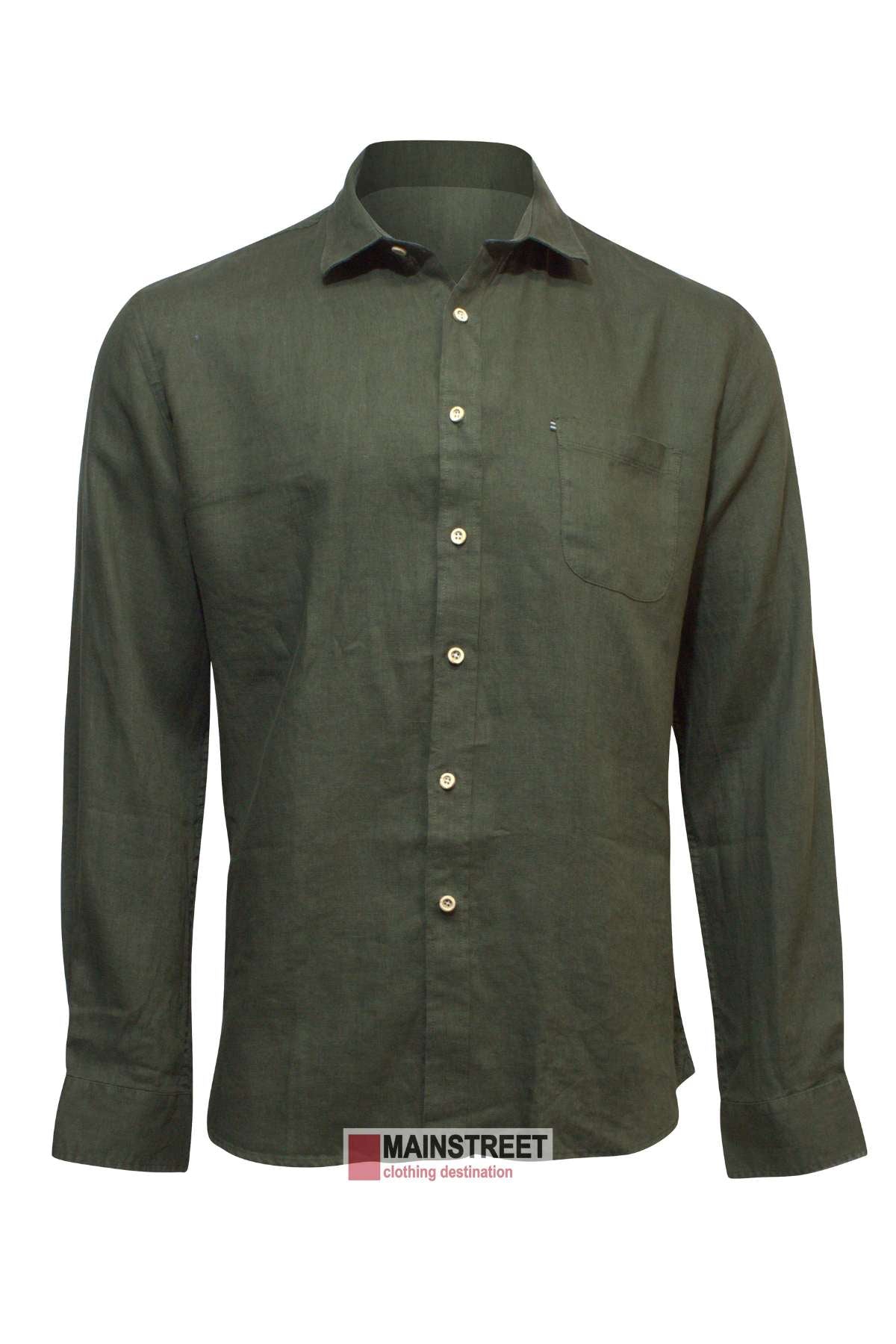 A Pilbara Linen Shirt in green, featuring a button-up design with a collar and white buttons, alongside a front chest pocket. The shirt is showcased on a plain white background with the "MAINSTREET clothing destination" logo visible at the bottom.
