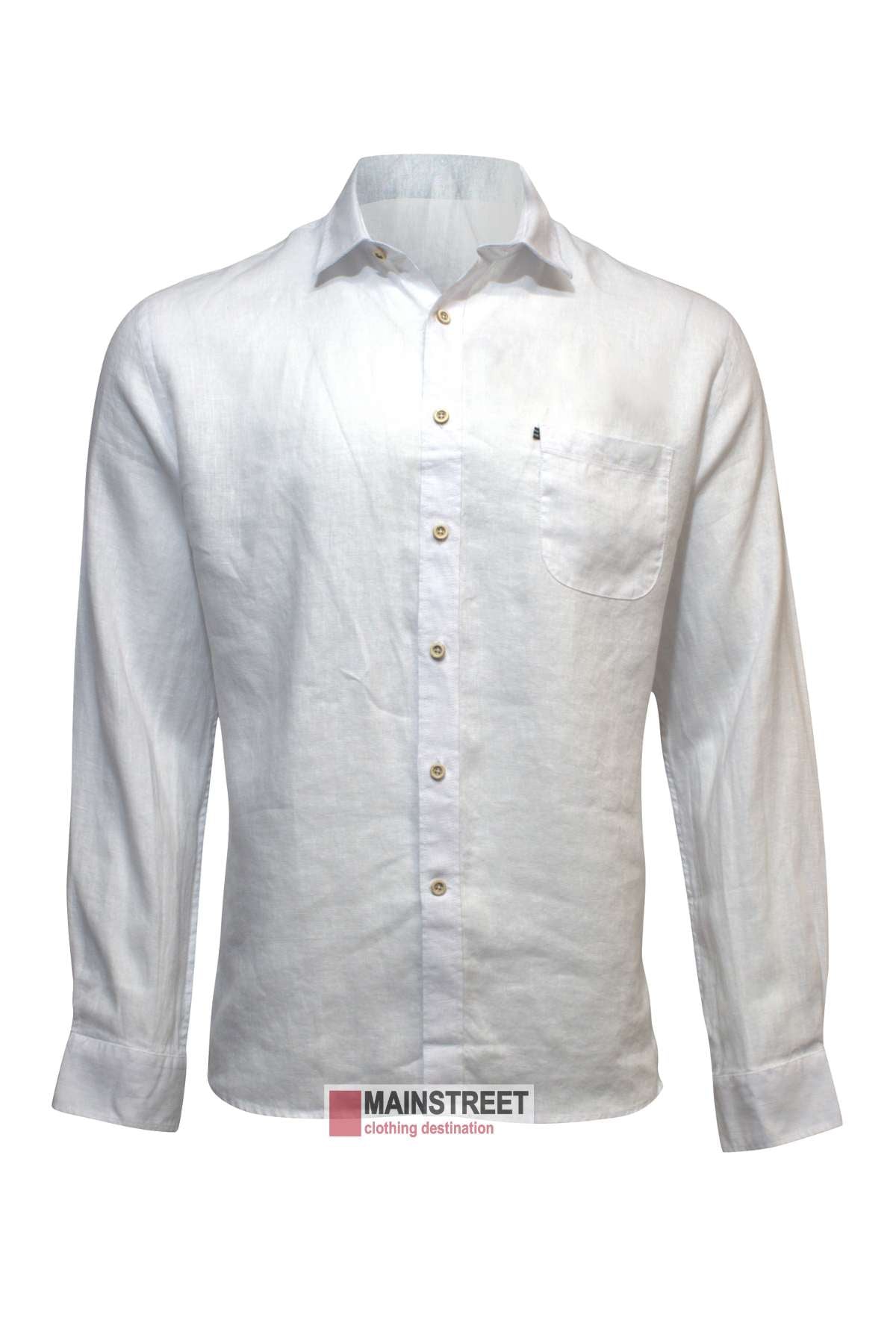 Displayed on a plain background is the Pilbara Linen Shirt, a white long-sleeved button-up featuring a classic collar, a chest pocket on the left side, and white buttons down the front. At the bottom of the shirt is a white tag with "Mainstreet clothing destination" written in black and red text.