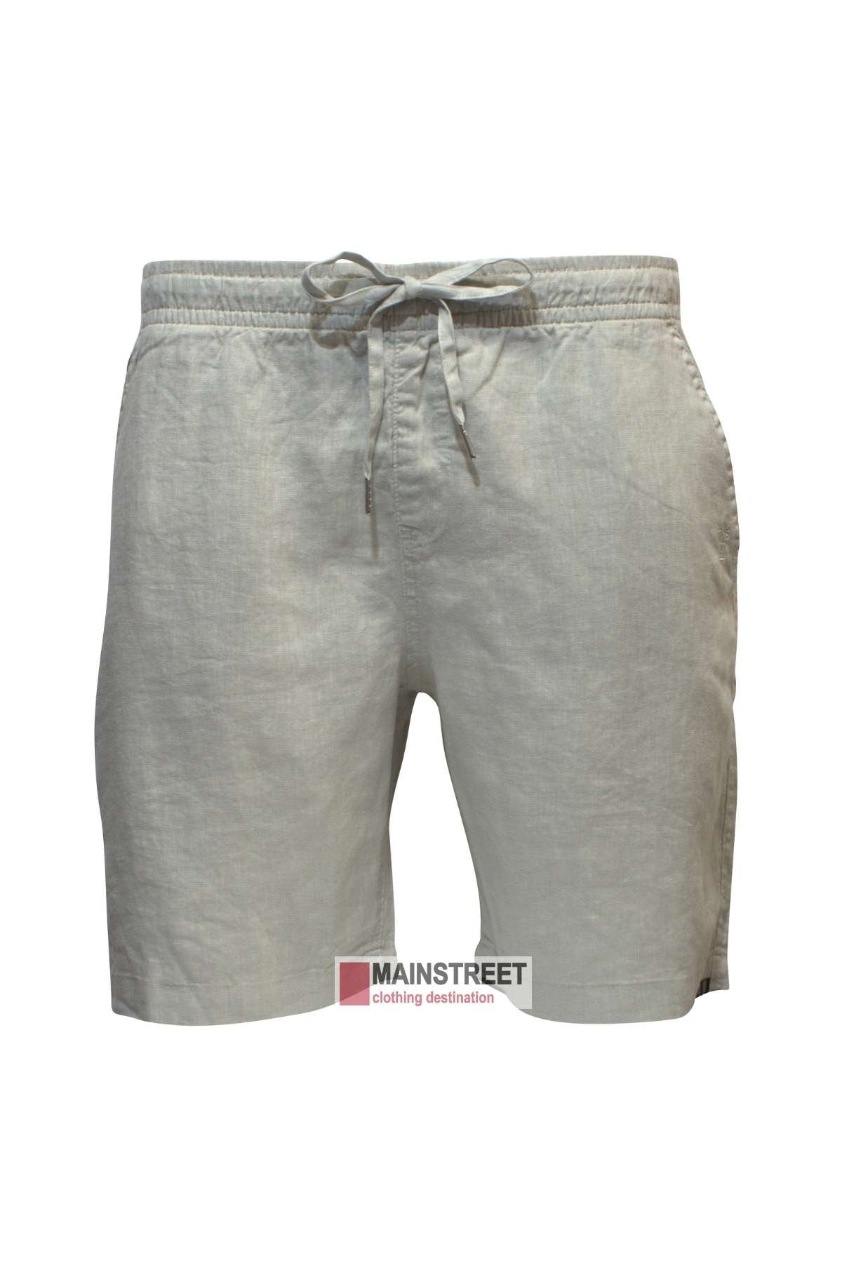 The Pilbara Linen Short in gray features an elastic waistband with a front drawstring, side pockets, and a subtle "MAINSTREET clothing destination" logo tag near the bottom. The fabric boasts a slightly wrinkled texture for a relaxed look.