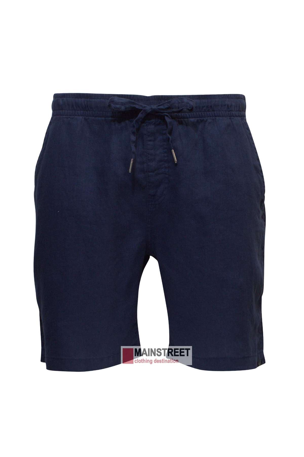 A pair of Pilbara Linen Shorts in navy blue is displayed against a white background. The shorts feature an elastic waistband with a drawstring and have pockets on each side. The logo "MAINSTREET clothing destination" is labeled at the bottom center.
