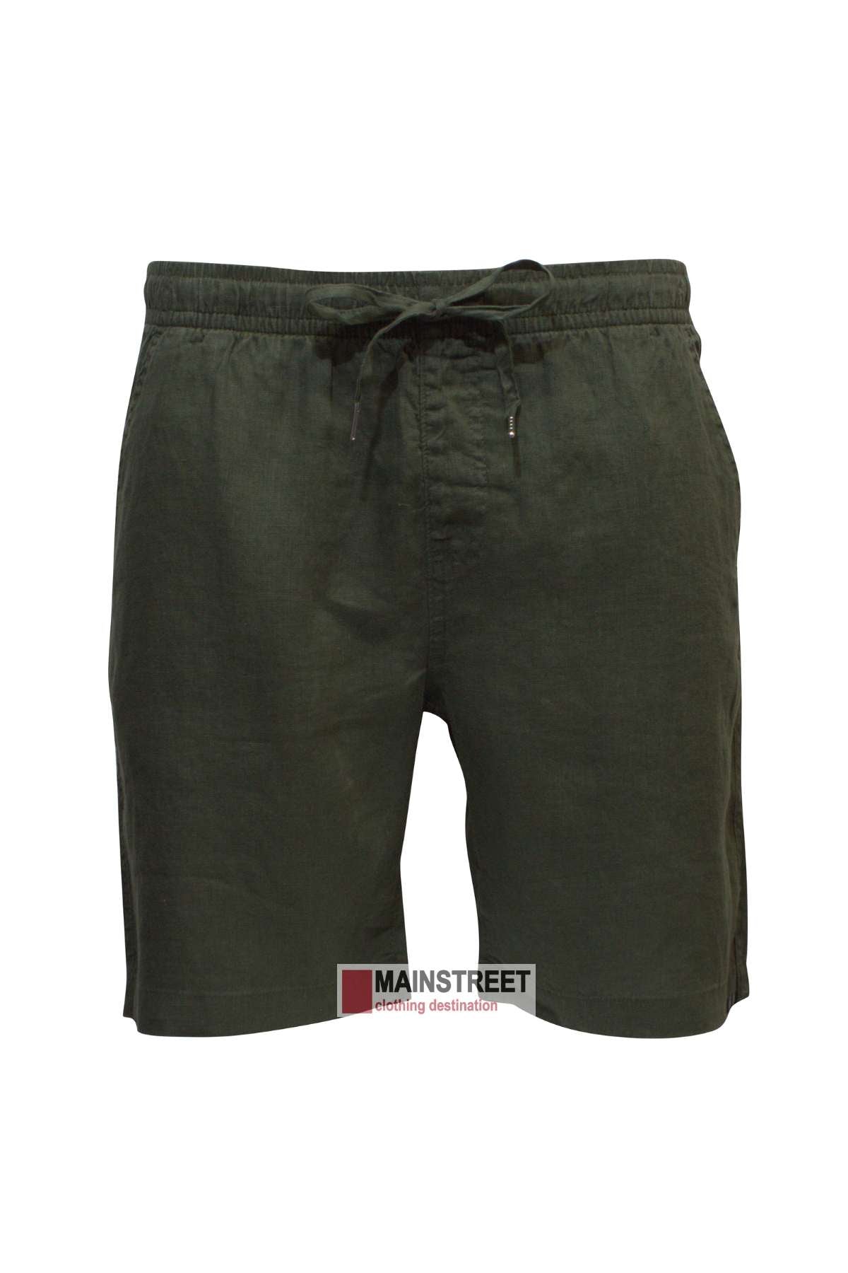 A pair of dark green, knee-length Pilbara Linen Shorts with an adjustable drawstring waistband. These shorts include side pockets and are crafted from a lightweight fabric. The image also features a logo at the bottom that reads "MAINSTREET clothing destination.