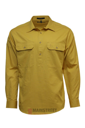 The Pilbara Long Sleeve Closed Front Shirt is a yellow men's button-up work shirt with UPF 50+ protection, two chest pockets, and a collar, shown on a plain white background.