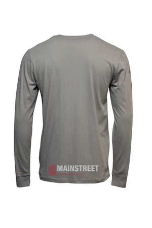 A plain gray Pilbara Long Sleeve T-Shirt is shown from the back, featuring a crew neck, elastic cuffs, and no visible pattern. Made from 100% cotton, the shirt appears unworn.