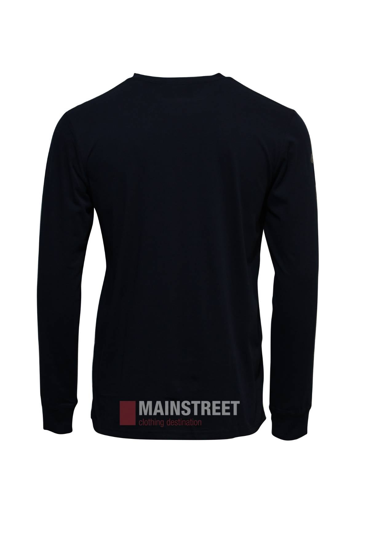 Back view of a plain black Pilbara Long Sleeve T-Shirt made from 100% cotton, shown against a white background with the “Mainstreet clothing destination” watermark at the bottom center.