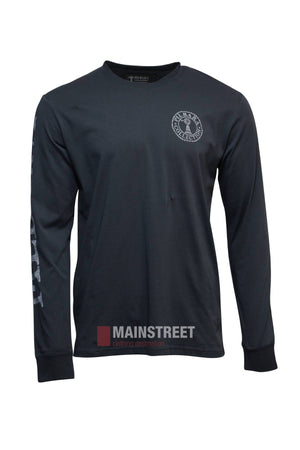 The Pilbara Long Sleeve T-Shirt is a black, 100% cotton shirt with a white circular graphic on the left chest, white text on the right sleeve, and elastic cuffs for comfort.