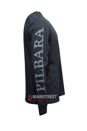 Pilbara Long Sleeve T-Shirt in black, shown side-on with "PILBARA" in bold white letters down the right sleeve. Crafted from 100% cotton with elastic cuffs. MAINSTREET logo displayed at the image's bottom.