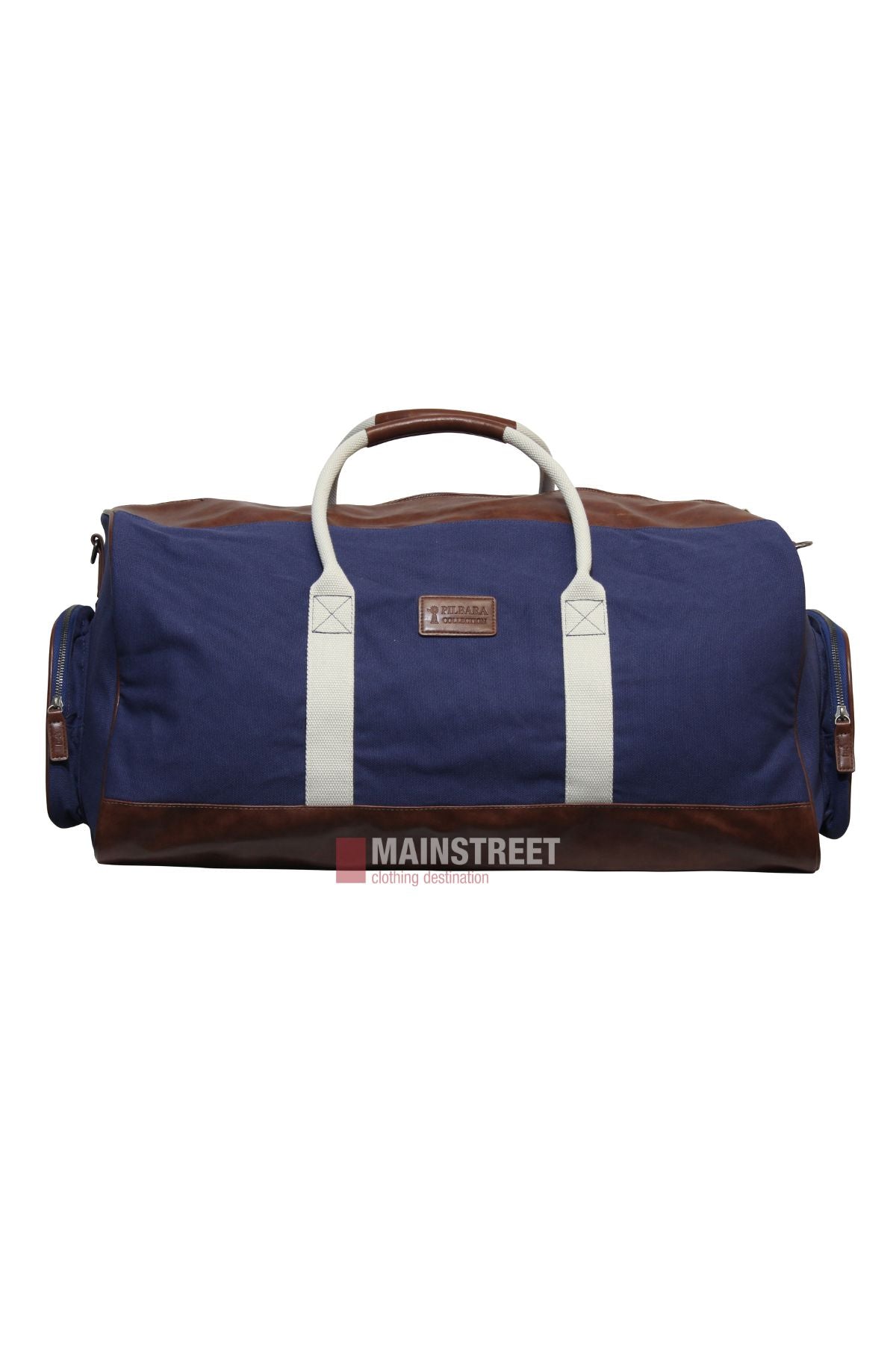The Pilbara Long Weekender Bag, featuring blue and brown canvas with leather details, white handles, brown accents, and side pockets, is displayed on a white background. The "Mainstreet" logo is centered at the bottom.