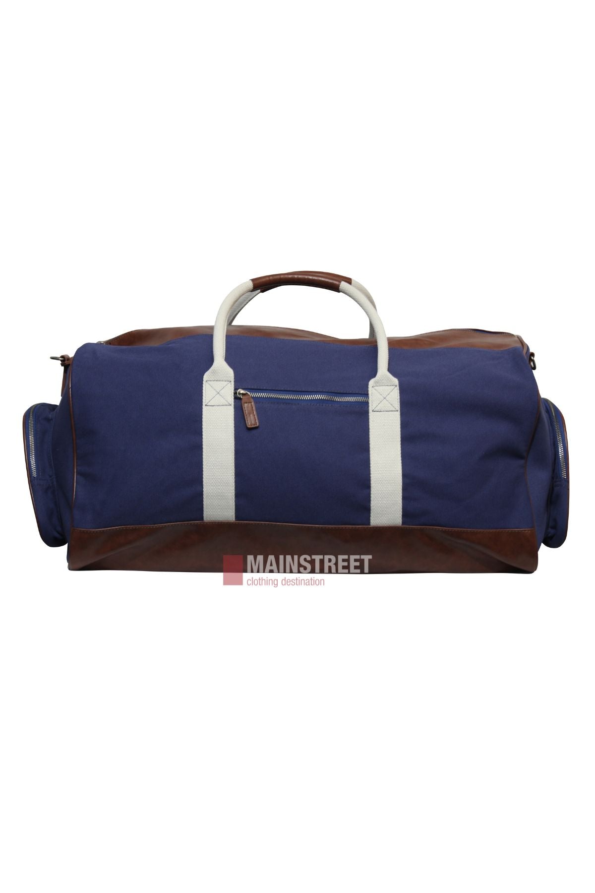 The Pilbara Long Weekender Bag features a blue canvas body, white straps, brown leather handles, and brown accents on the sides and bottom—a stylish choice for short trips, displayed against a white background.
