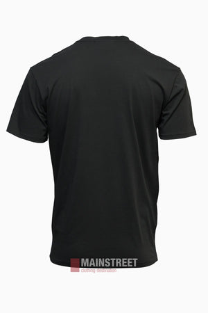 The Pilbara Oil Can T-Shirt, shown from the back on a white background, is a comfortable black cotton tee that blends classic style with regional pride.